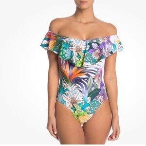 Trina Turk Ambrozia  Multicolor Floral Off-Shoulder One Piece Swimsuit size 4